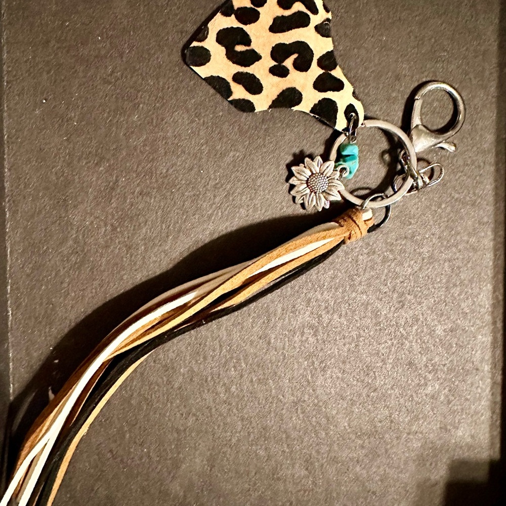 Black, Brown Leopard Print Leather Key chain or bag chain with Tassels. New.